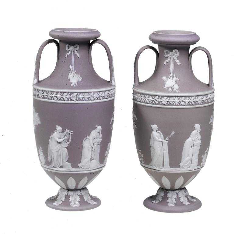 Appraisal: A PAIR OF WEDGWOOD JASPER WARE VASES dipped in lilac