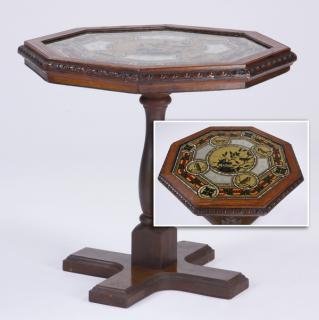 Appraisal: Octagonal oak table with reverse painted top Carved oak octagonal