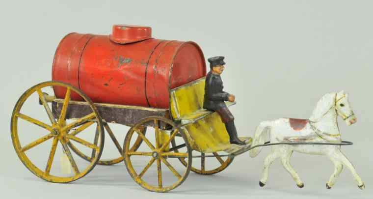 Appraisal: HORSE DRAWN WATER WAGON Hand painted tin done in red