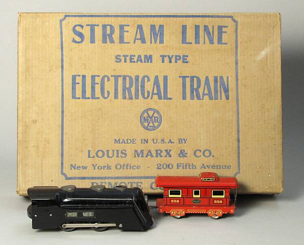 Appraisal: Marx red framed train set Lot includes a boxed mechanical