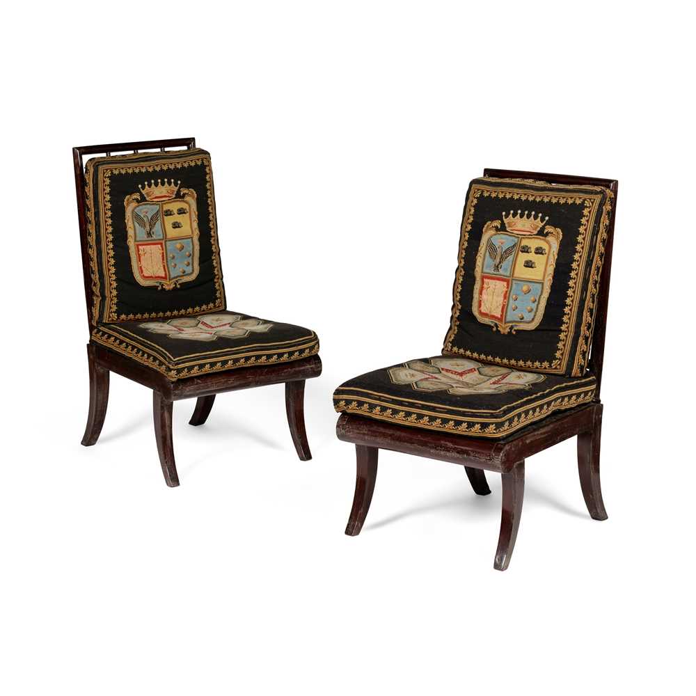 Appraisal: PAIR OF NORTH ITALIAN MAHOGANY AND NEEDLEWORK SIDE CHAIRS MID