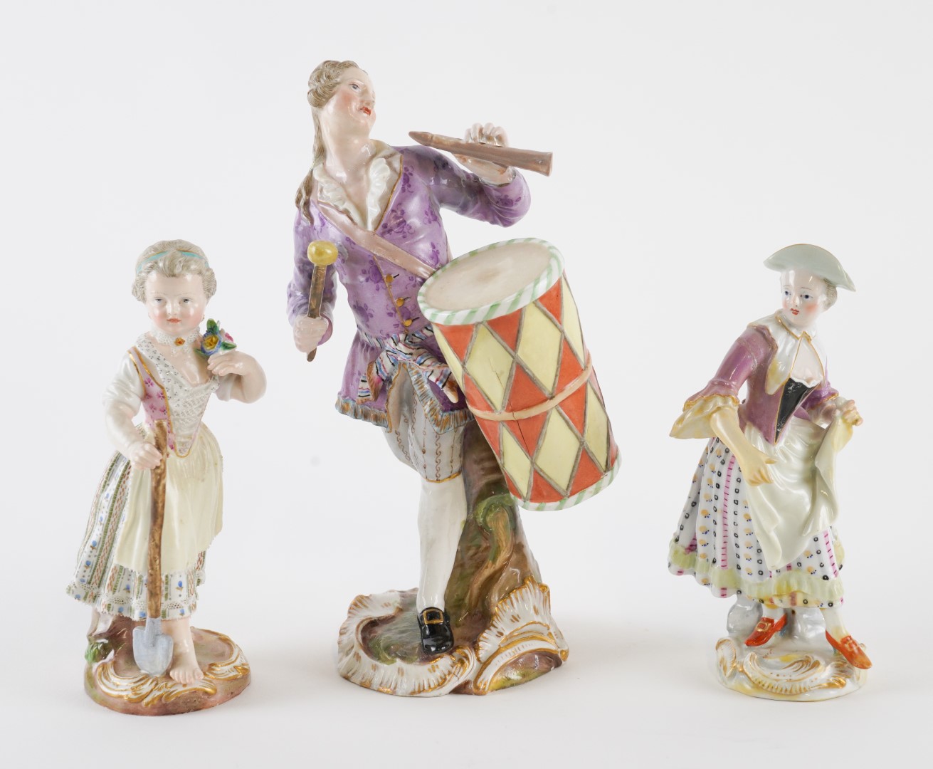 Appraisal: THREE MEISSEN FIGURES Late th century Comprising a fife and