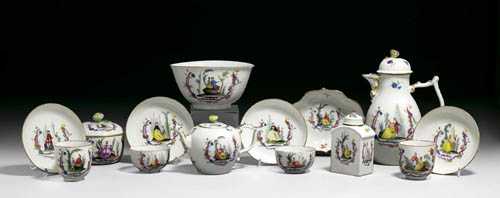 Appraisal: COFFEE AND TEA SERVICE WITH WATTEAUSCENES Meissen circa Painted with