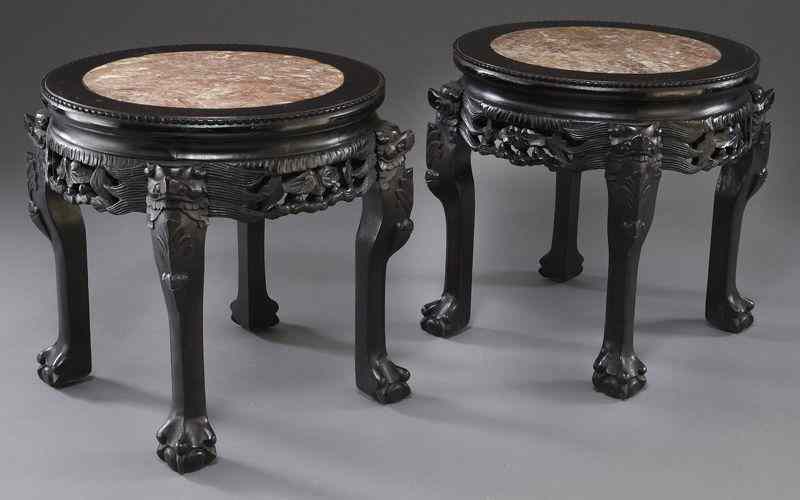 Appraisal: Pr Chinese carved rosewood stools inlaid with rouge marble ''H