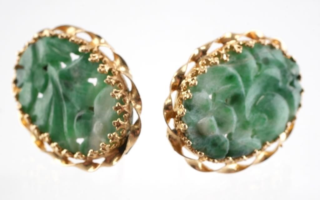 Appraisal: Chinese carved green jade earrings in with K yellow gold