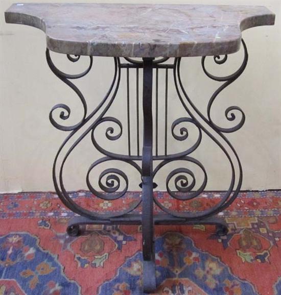 Appraisal: CONSOLE TABLE An antique marble top hand hammered scrolled wrought