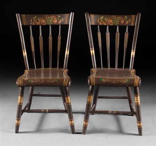 Appraisal: Set of six American vernacular painted and stenciled wood plank-seat