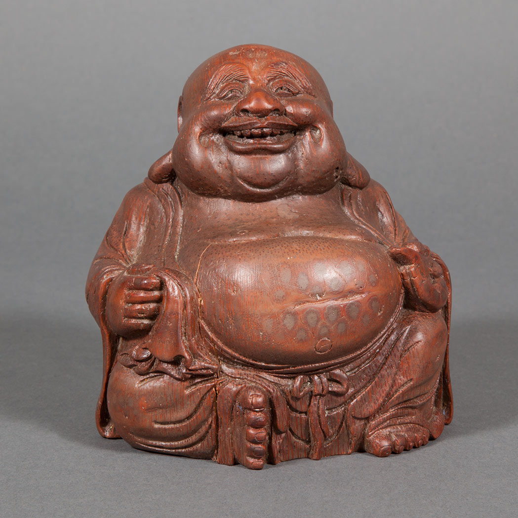 Appraisal: Chinese Bamboo Carving of Budai Modeled seated dressed in billowing