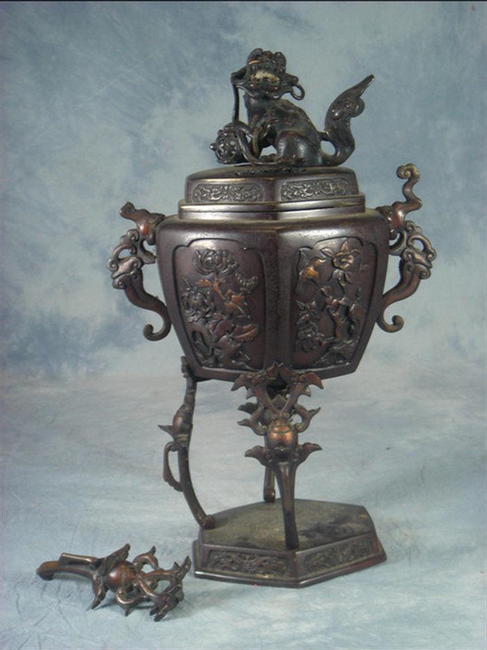 Appraisal: Chinese mixed metal bronze incense burner hexagonal body raised on