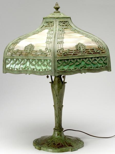 Appraisal: ARTS CRAFTS LIGHTING Table lamp with a green and caramel