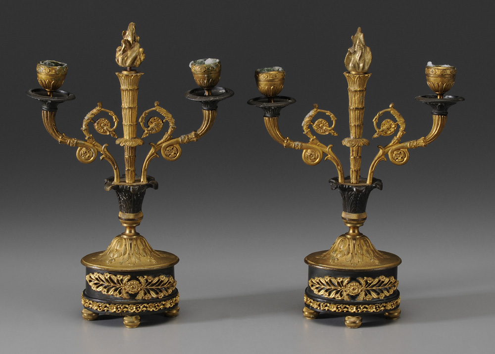 Appraisal: Pair Gilt Bronze Empire Style Candelabra French th century black-painted