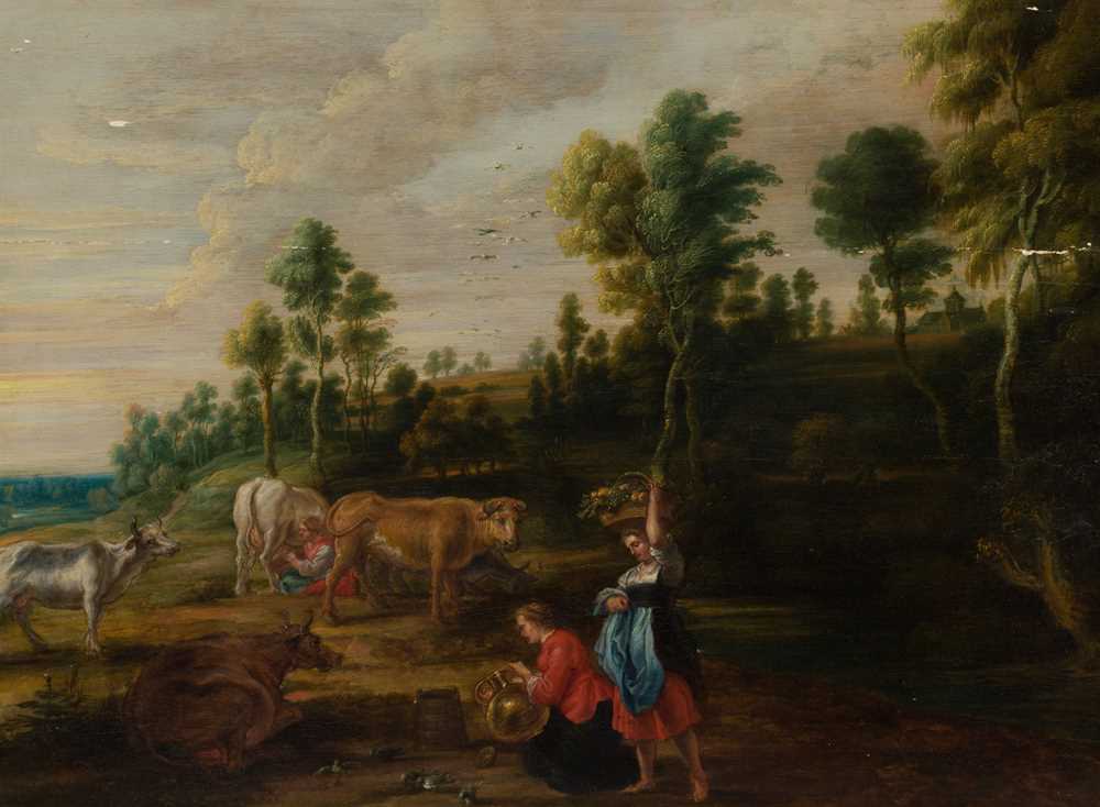 Appraisal: TH CENTURY FLEMISH SCHOOL A WOODED LANDSCAPE WITH FIGURES AND