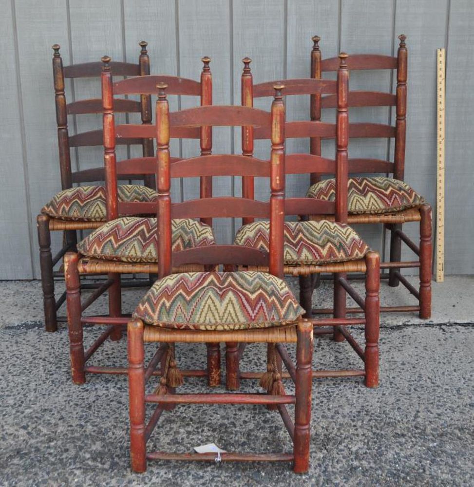 Appraisal: Set Five Painted Country American Side Chairs bannister backs with