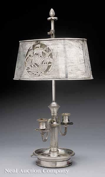 Appraisal: A Silverplate Bouillotte Table Lamp reeded columnar two-light candelabrum on