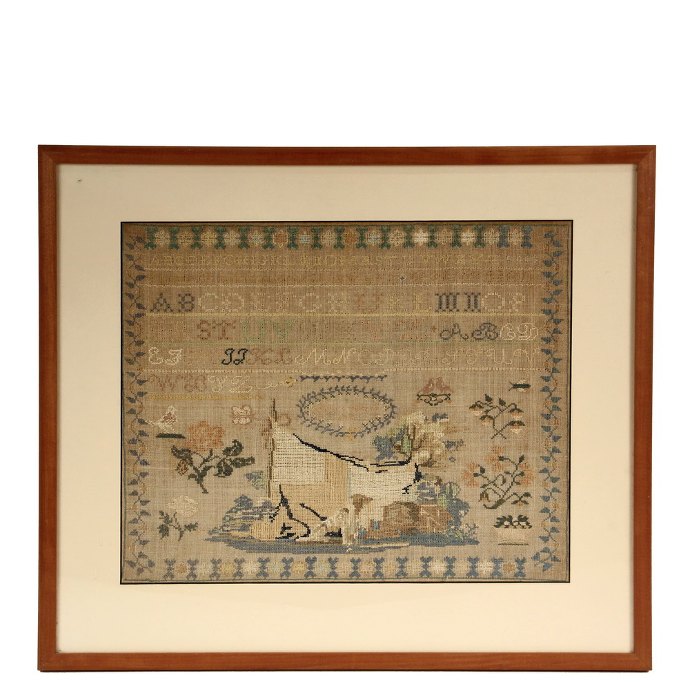 Appraisal: FRAMED SAMPLER - Alphabet and Pictorial Needlework wool on linen