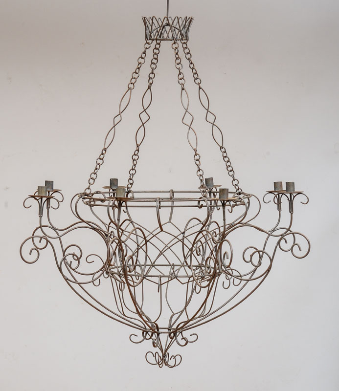 Appraisal: WIREWORK BASKET-FORM EIGHT-LIGHT CHANDELIER Not fitted for electricity x in