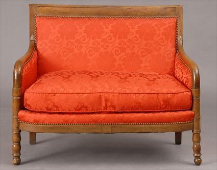 Appraisal: EMPIRE MAHOGANY SETTEE The padded back above padded armrest the