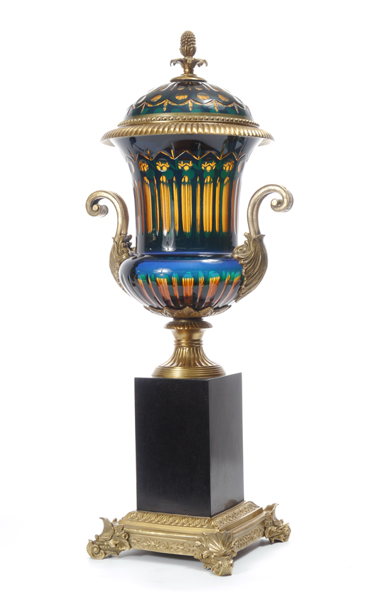 Appraisal: LARGE BOHEMIAN BLUE CRYSTAL COVERED URN Late th century blue