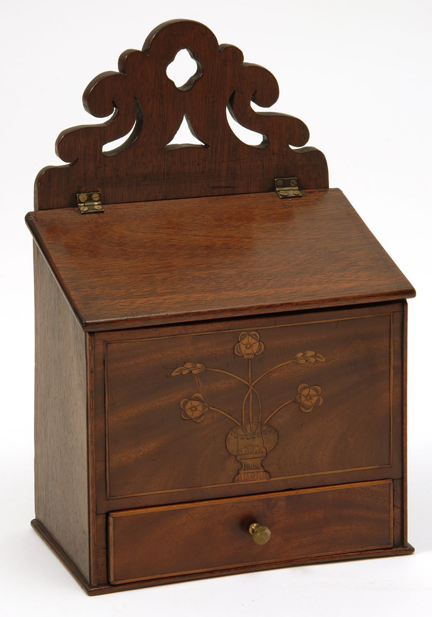 Appraisal: ANTIQUE ENGLISH ONE-DRAWER LIFT-TOP CANDLE BOX th CenturyIn mahogany with