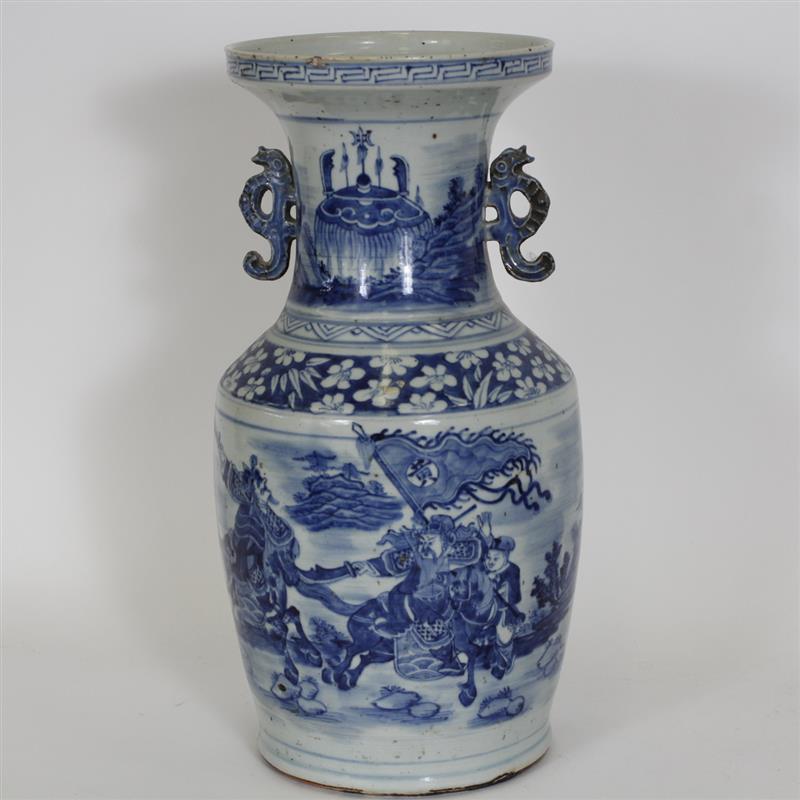 Appraisal: Chinese blue and white porcelain warrior scenic urn vase with