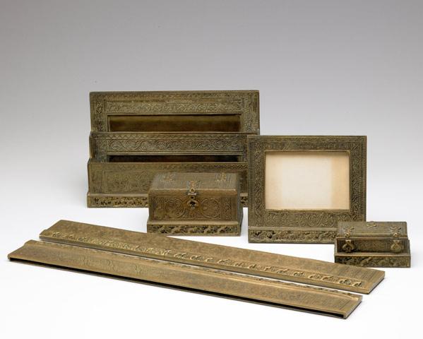 Appraisal: TIFFANY STUDIOS Six-piece bronze desk set in the Venetian pattern