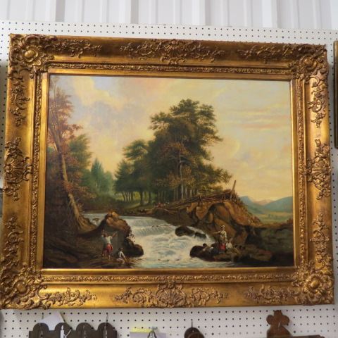 Appraisal: th Century Oil scene of young fisherman with nests near