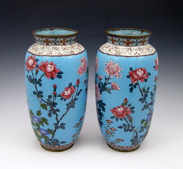 Appraisal: PAIR CHINESE CLOISONNE VASES Butterfly bird and flower design ''