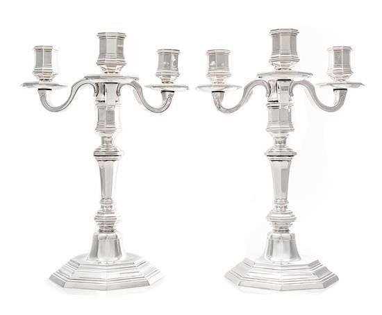 Appraisal: A Pair of French Silver-Plate Three-Light Candelabra Christofle Paris th