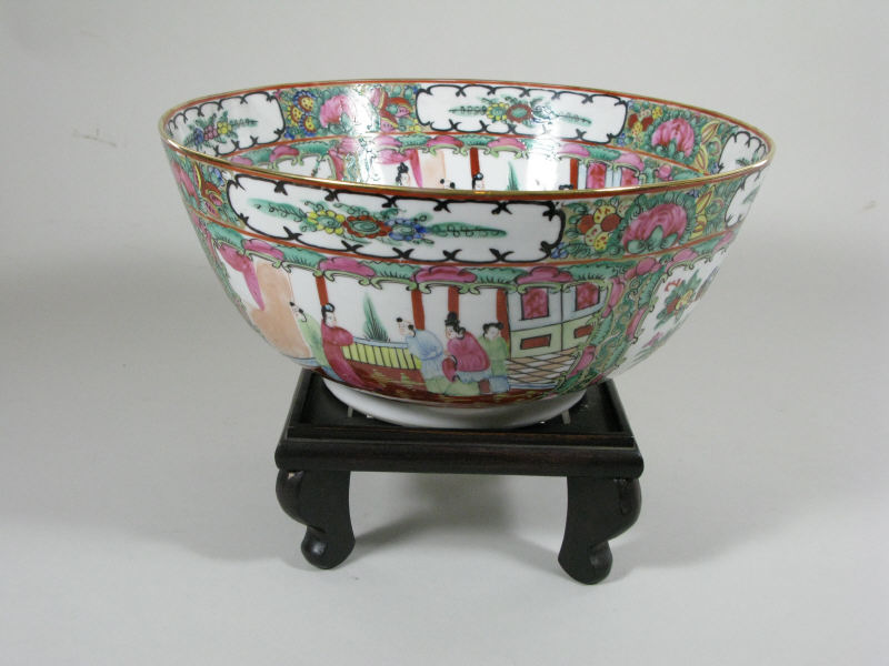 Appraisal: Oriental Porcelain Rose Medallion Center Bowl contemporary on wooden stand