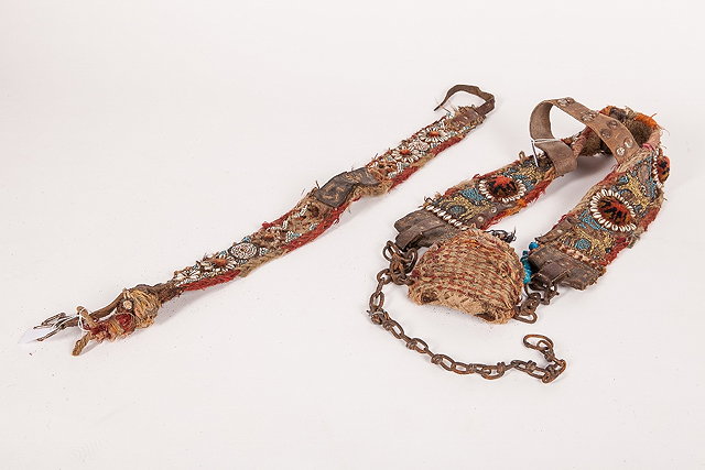 Appraisal: TWO BELOUCH CAMEL TRAPPINGS with polychrome shell and beaded ornament