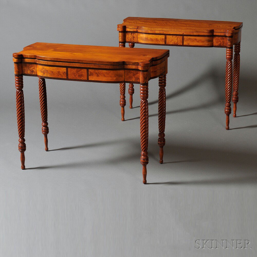 Appraisal: Pair of Tiger Maple and Wavy Birch-inlaid Card Tables probably