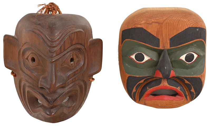 Appraisal: Two Wild Man of the Woods Signed Masks Northwest Coast