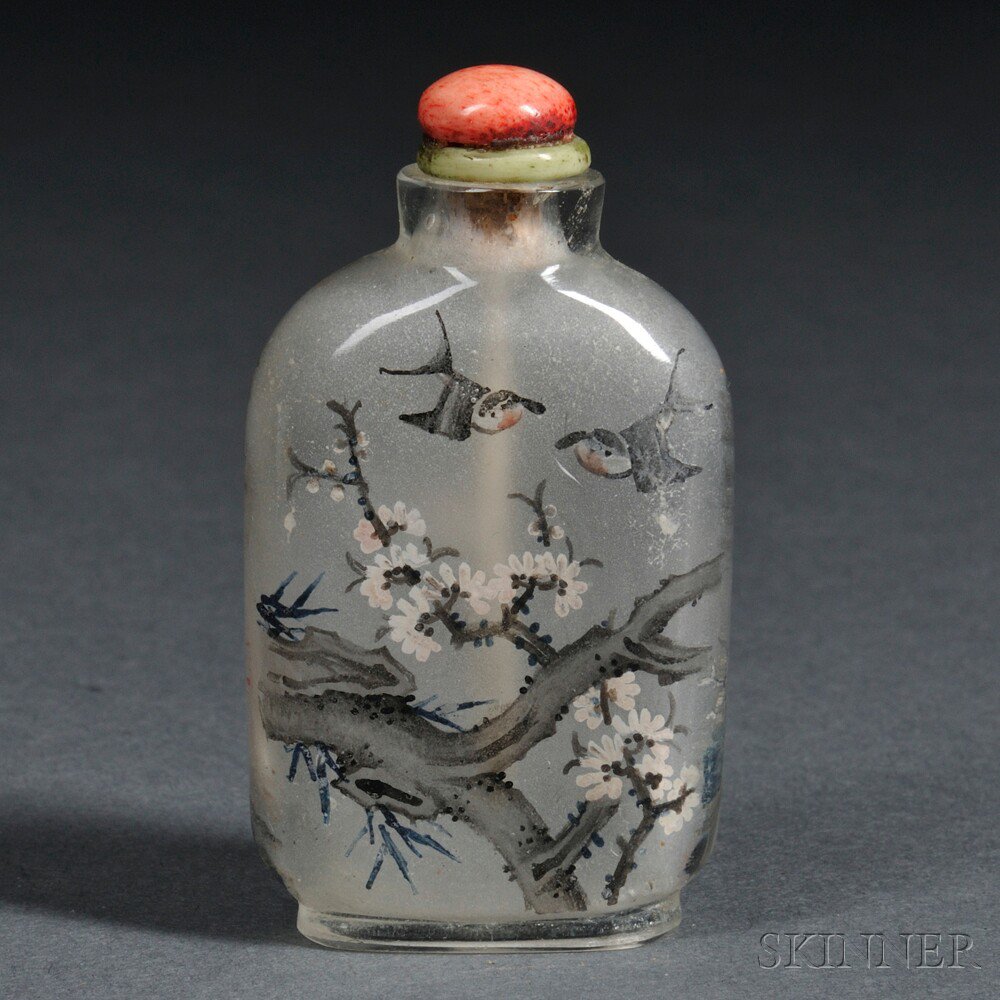 Appraisal: Interior-painted Glass Snuff Bottle China th century baluster-shape on oval