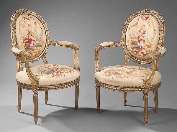 Appraisal: A Pair of Louis XVI-Style Giltwood and Aubusson Tapestry Fauteuils