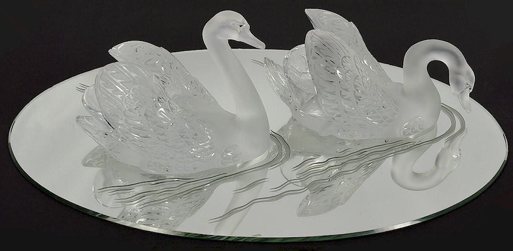 Appraisal: Lalique Miroir Crystal Swans on Plateau Miroir etched and clear