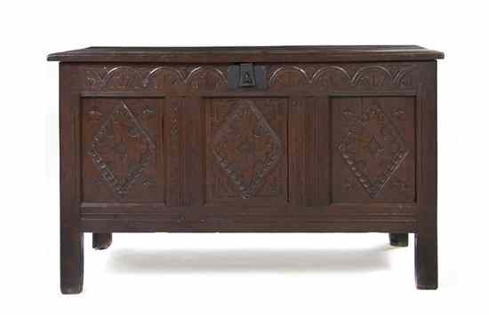 Appraisal: An English Carved Oak Coffer the rectangular hinged top opening