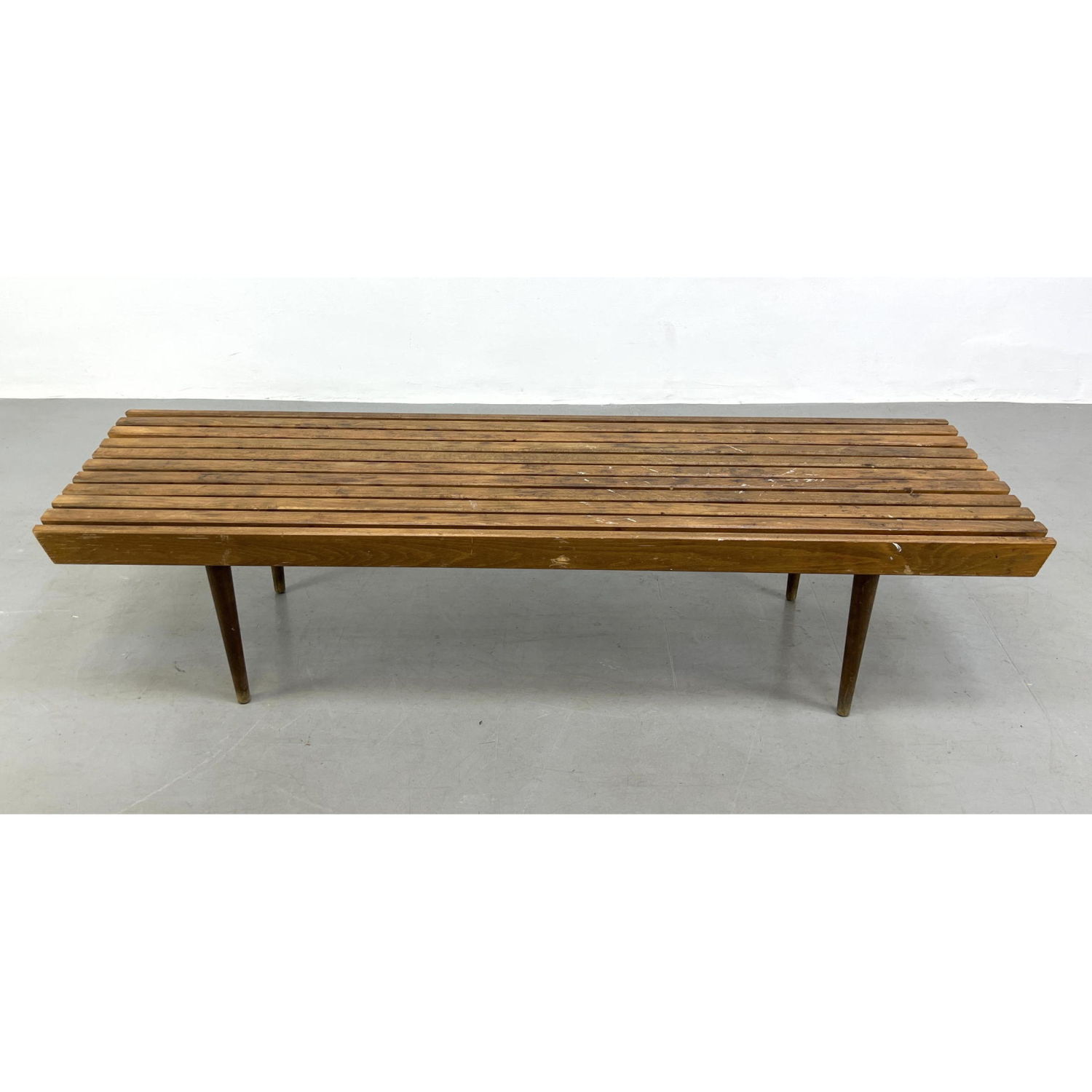 Appraisal: American Modern Slat Bench Tapered Legs Dimensions H inches W