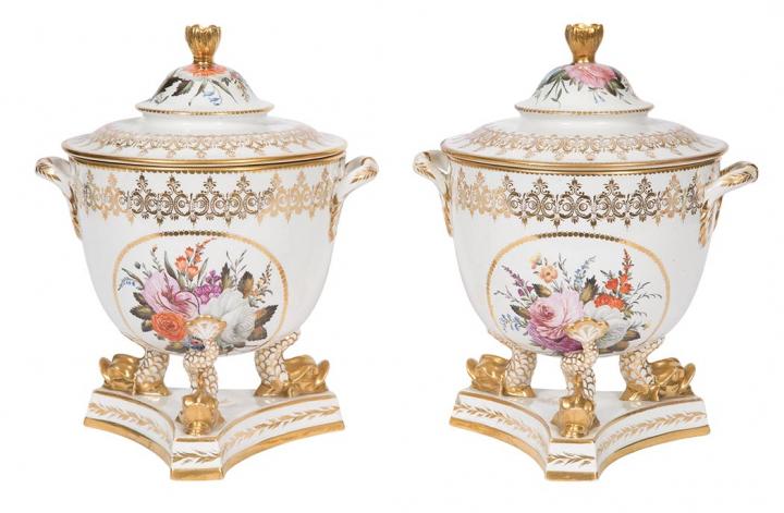 Appraisal: Pair of English Porcelain Covered Urns Each painted with floral