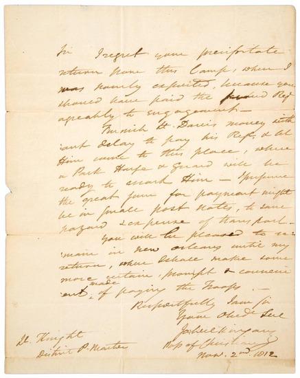 Appraisal: WILKINSON James Autograph letter signed to district paymaster Lt Knight