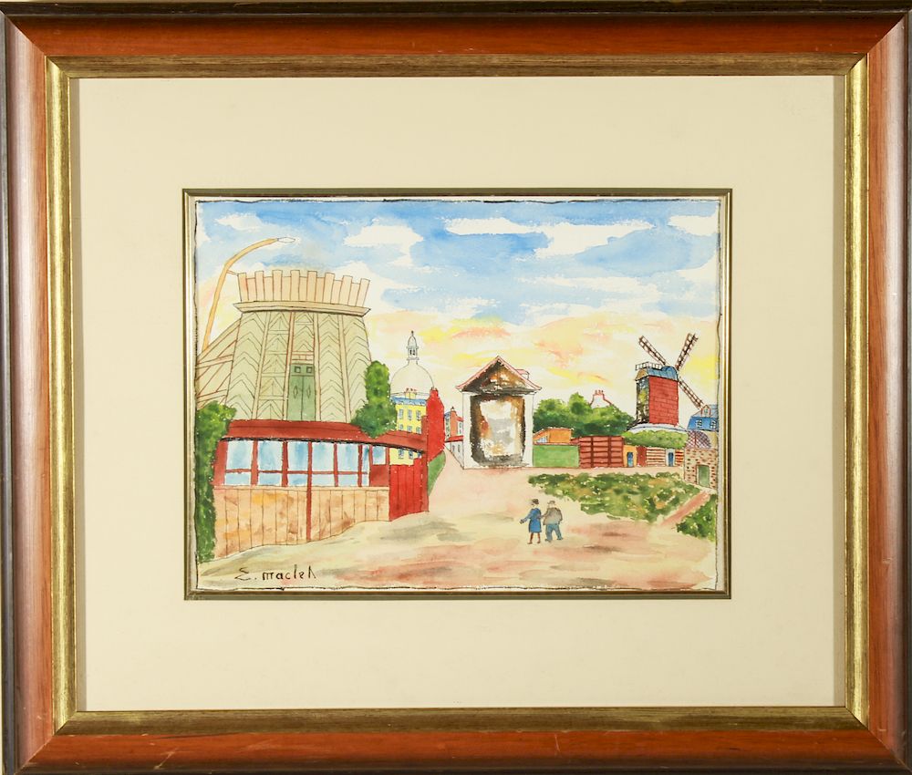 Appraisal: Elisse Maclet Figures and Windmill Watercolor Elisse Maclet French -