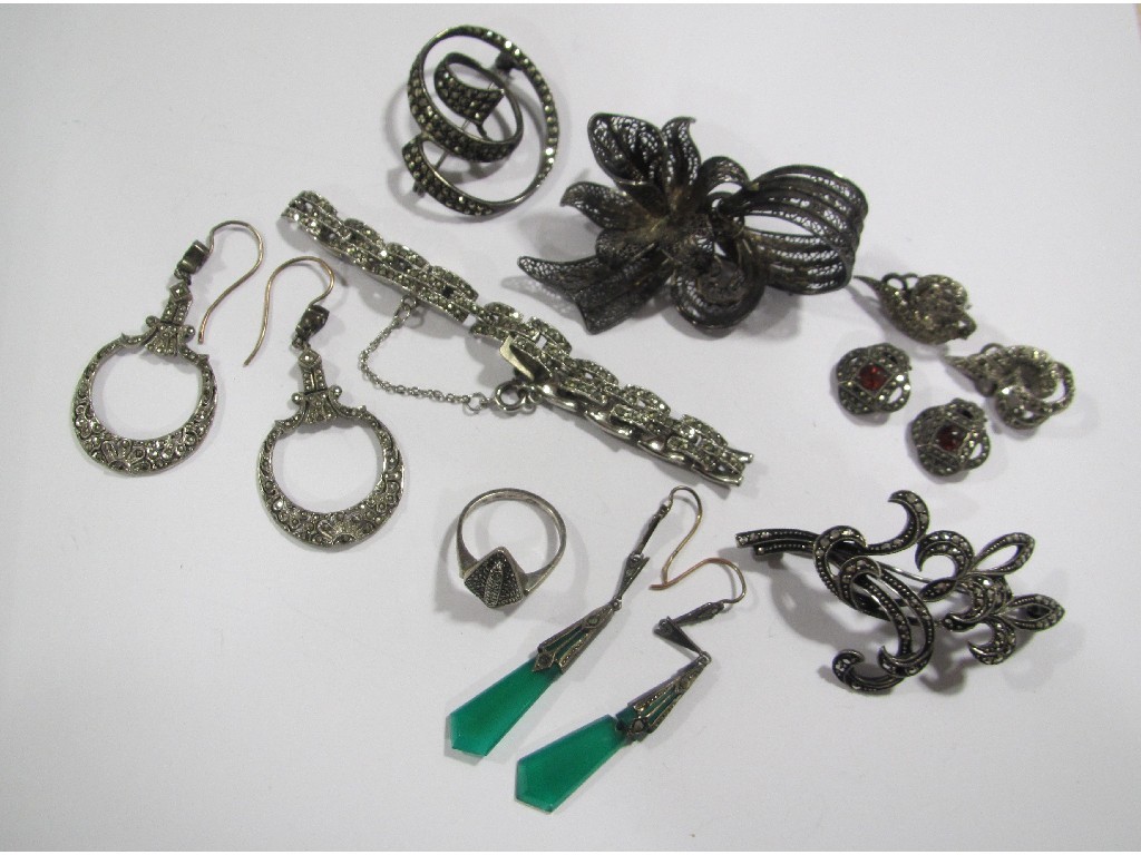 Appraisal: Lot comprising silver and marcasite pieces to include brooches earrings