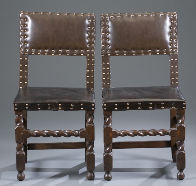 Appraisal: Six English William Mary Oak Chairs Tacked leather back fest