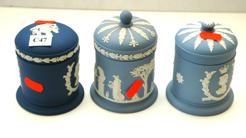 Appraisal: THREE WEDGWOOD JASPER LIDDED JARS