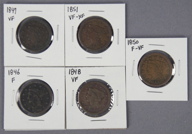 Appraisal: Five Braided Hair Large CentsDates include F VF VF F-VF