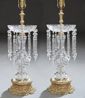 Appraisal: Pair of Large Cut Glass and Gilt Spelter Baluster Lamps