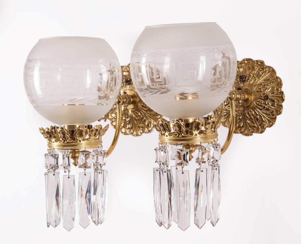 Appraisal: Pair of American Brass and Cut-Glass Sconces th c foliate