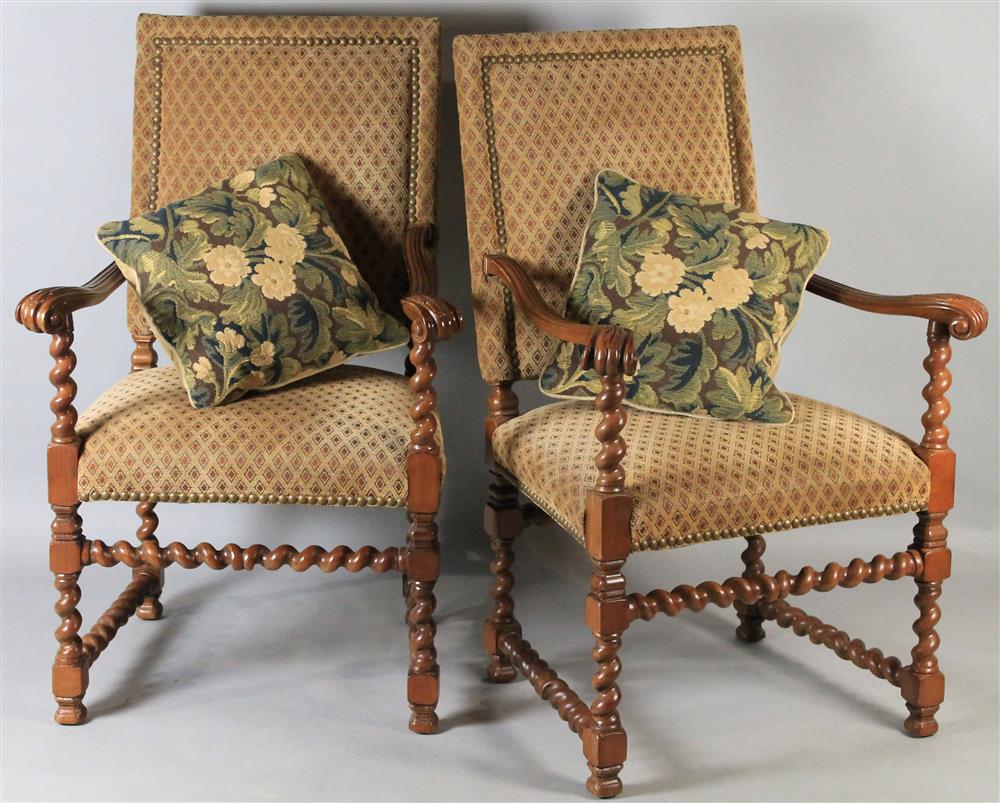 Appraisal: PAIR OF BAROQUE STYLE BARLEY TWIST ARM CHAIRS straight back