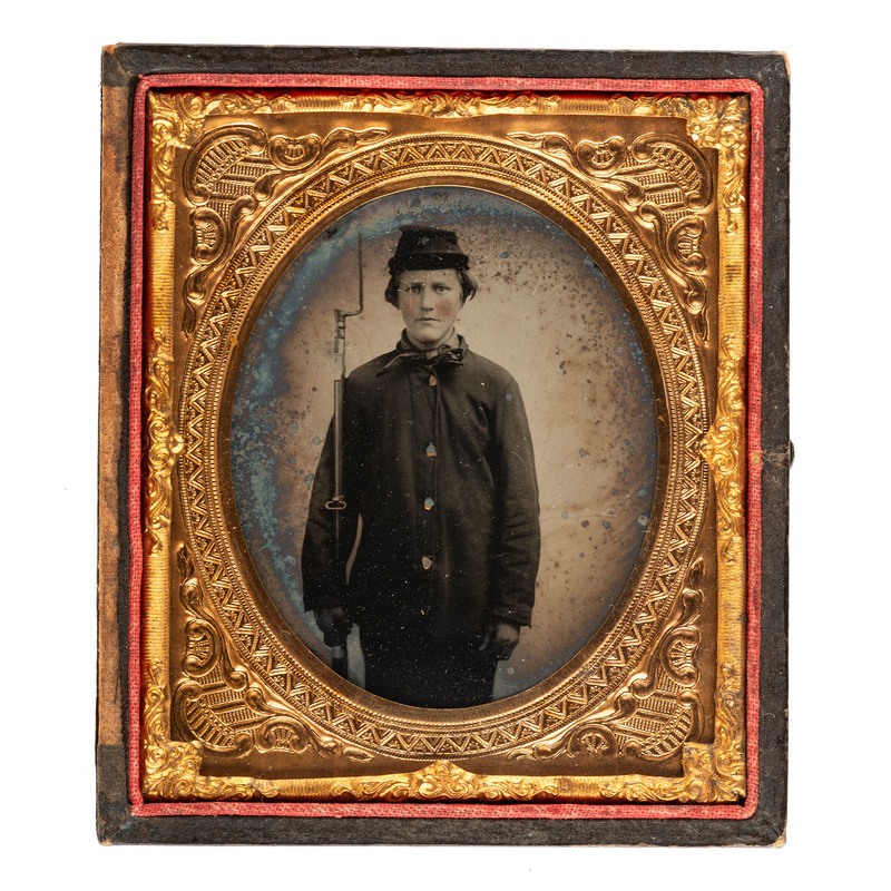 Appraisal: CIVIL WAR Sixth plate ruby ambrotype of young private armed