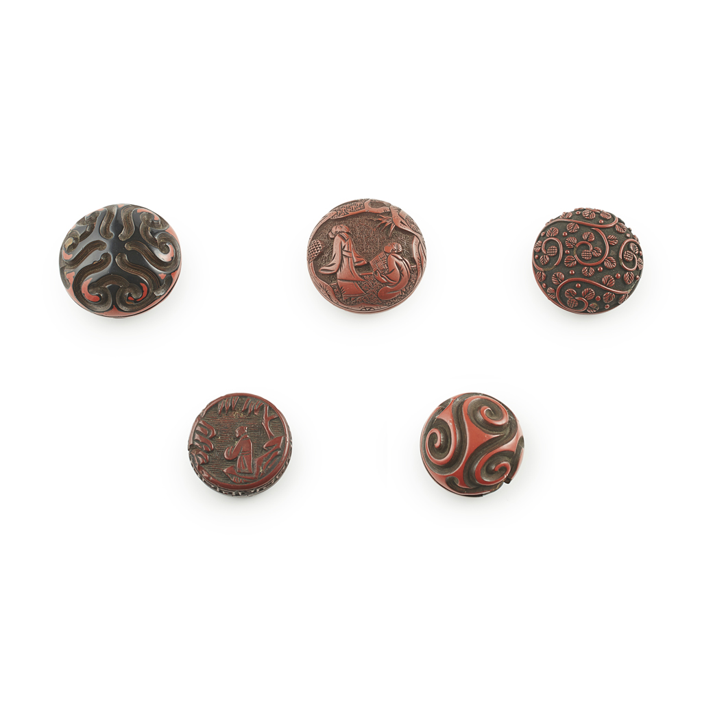 Appraisal: COLLECTION OF FIVE CINNABAR LACQUER MANJU NETSUKE MEIJI PERIOD each