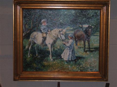 Appraisal: BOY AND GIRL WITH PONIES IN AN APPLE ORCHARD Oil